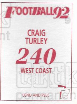 1992 Select AFL Stickers #240 Craig Turley Back